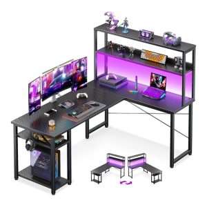 escritorio en l marca odk color negro de 134.62 centimetros con soporte para torre de computadora y estante superior ideal para chile