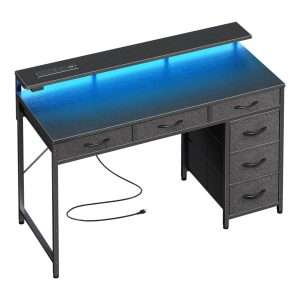 escritorio gamer huuger marron rustico de 100 centimetros con 6 cajones luces led rgb y enchufes ideal para chile