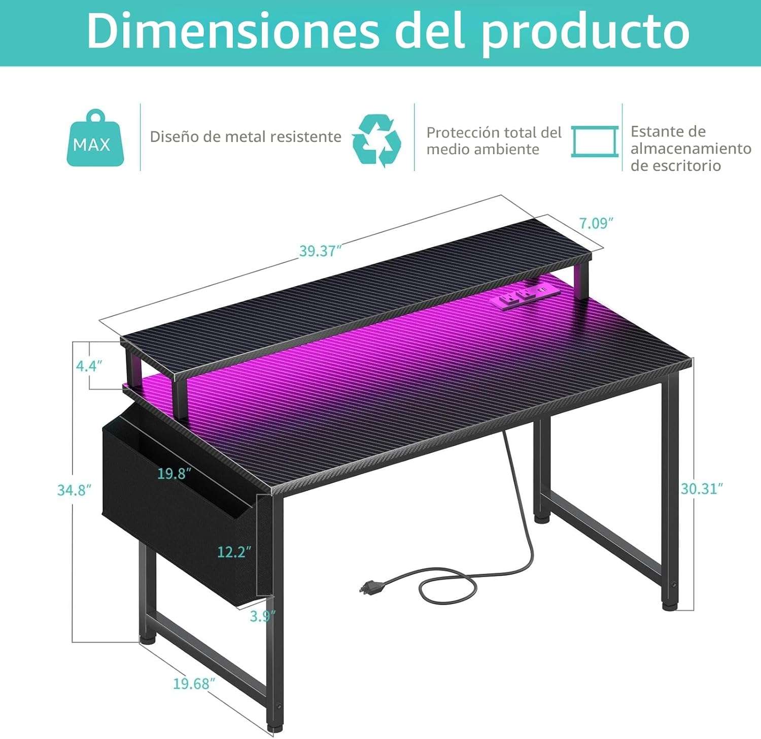 escritorio gamer lufeiya de 101.6 centimetros con luces led soporte para monitor y tomas de corriente ideal para chile