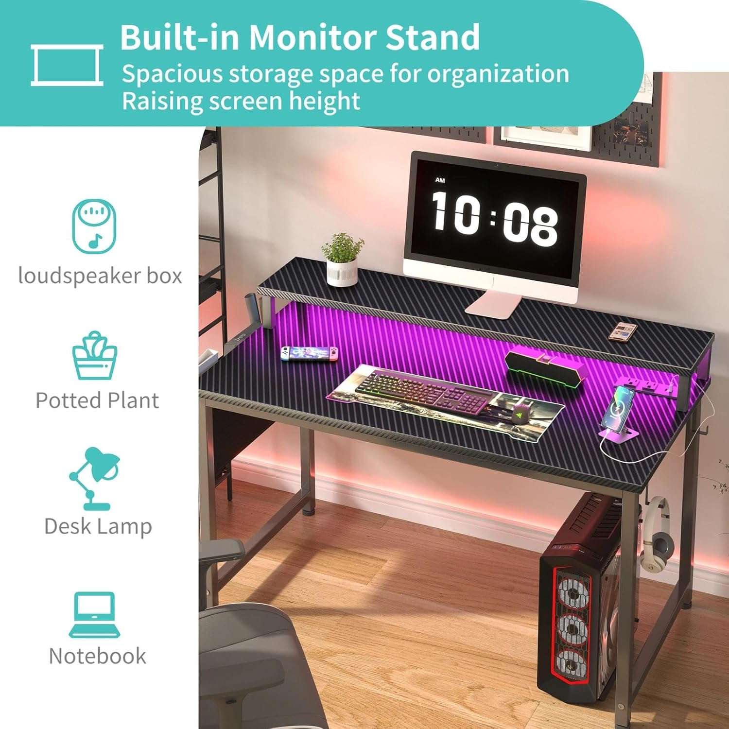 escritorio gamer lufeiya de 101.6 centimetros con luces led soporte para monitor y tomas de corriente ideal para chile
