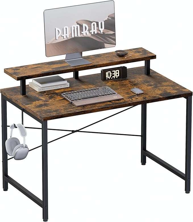 escritorio pequeño pamray de 80.01 centimetros con soporte para monitor y gancho lateral ideal para espacios reducidos en chile