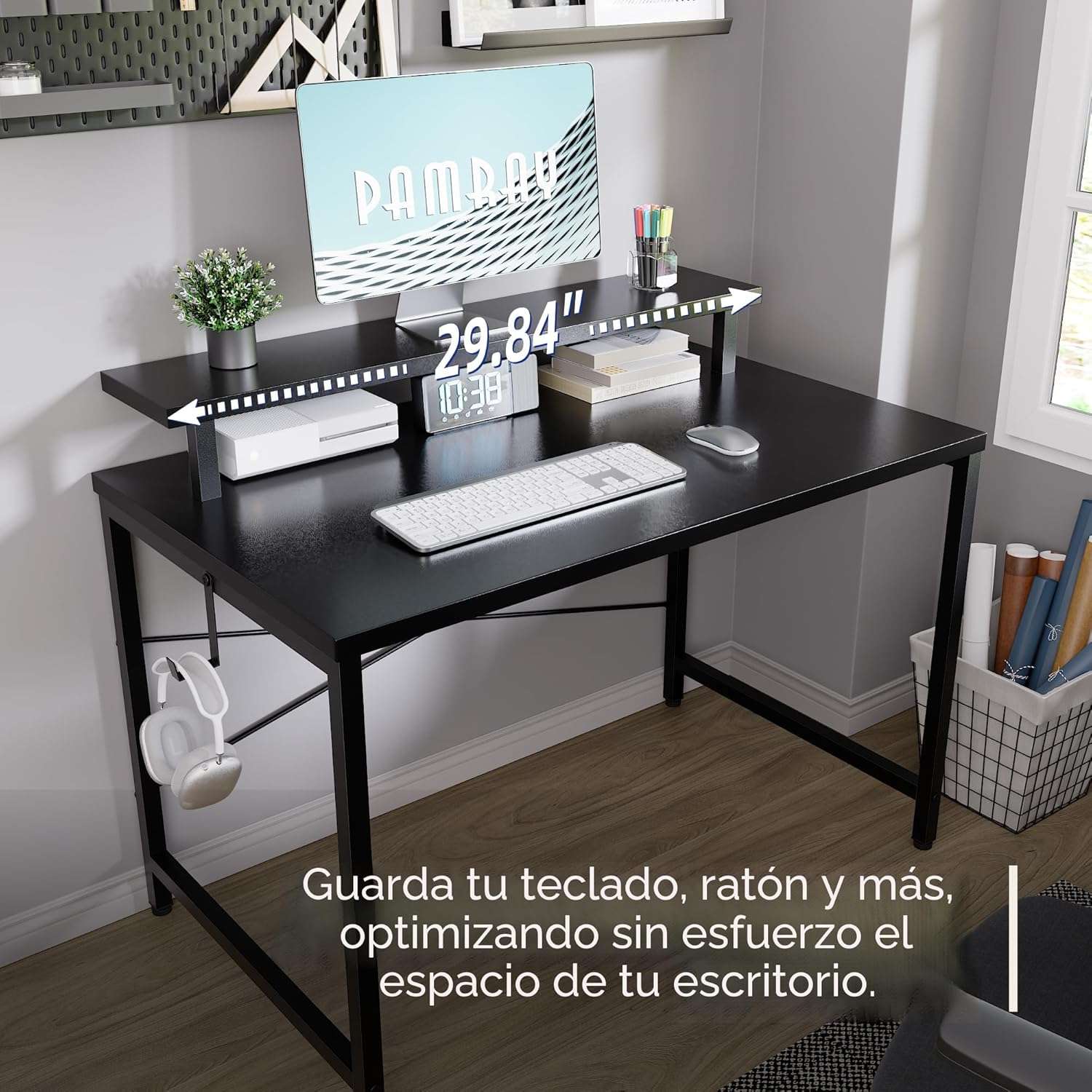 escritorio pequeño pamray de 80.01 centimetros con soporte para monitor y gancho lateral ideal para espacios reducidos en chile
