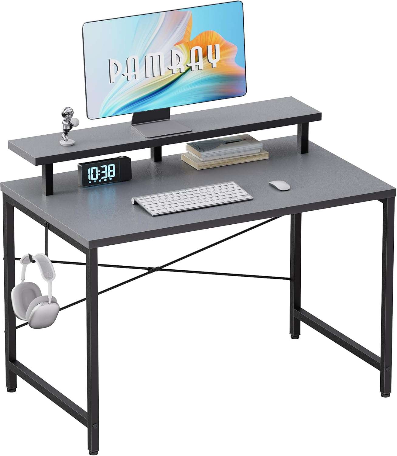 escritorio pequeño pamray de 80.01 centimetros con soporte para monitor y gancho lateral ideal para espacios reducidos en chile
