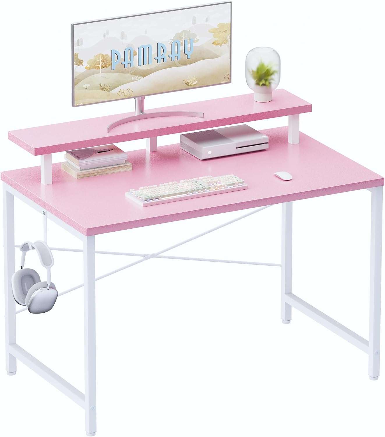 escritorio pequeño pamray de 80.01 centimetros con soporte para monitor y gancho lateral ideal para espacios reducidos en chile