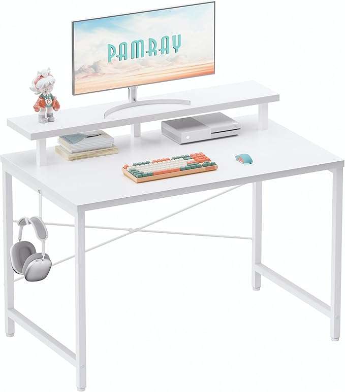 escritorio pequeño pamray de 80.01 centimetros con soporte para monitor y gancho lateral ideal para espacios reducidos en chile