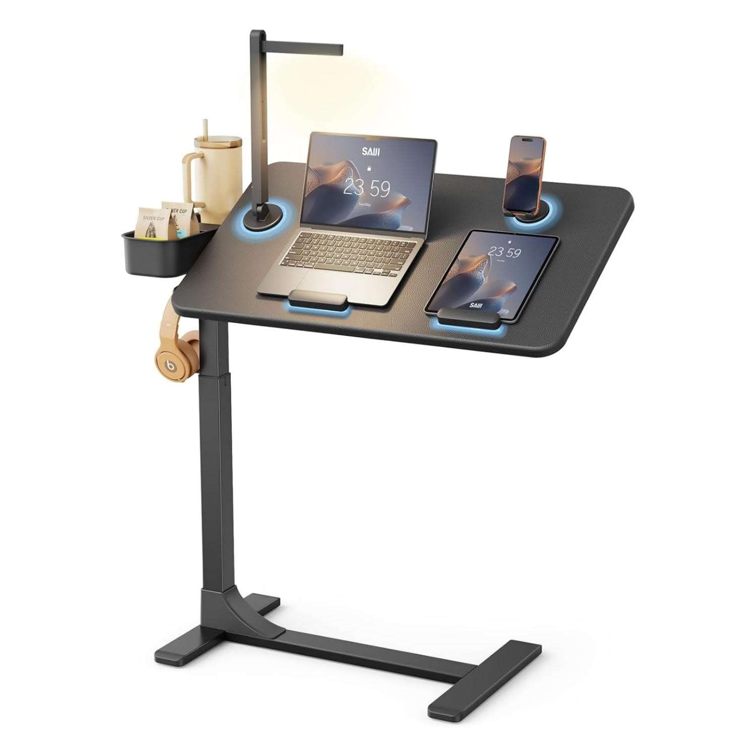 mesa movil saiji sobre cama con superficie magnetica luz led ruedas ocultas y altura ajustable hasta 106.93 centimetros ideal para chile