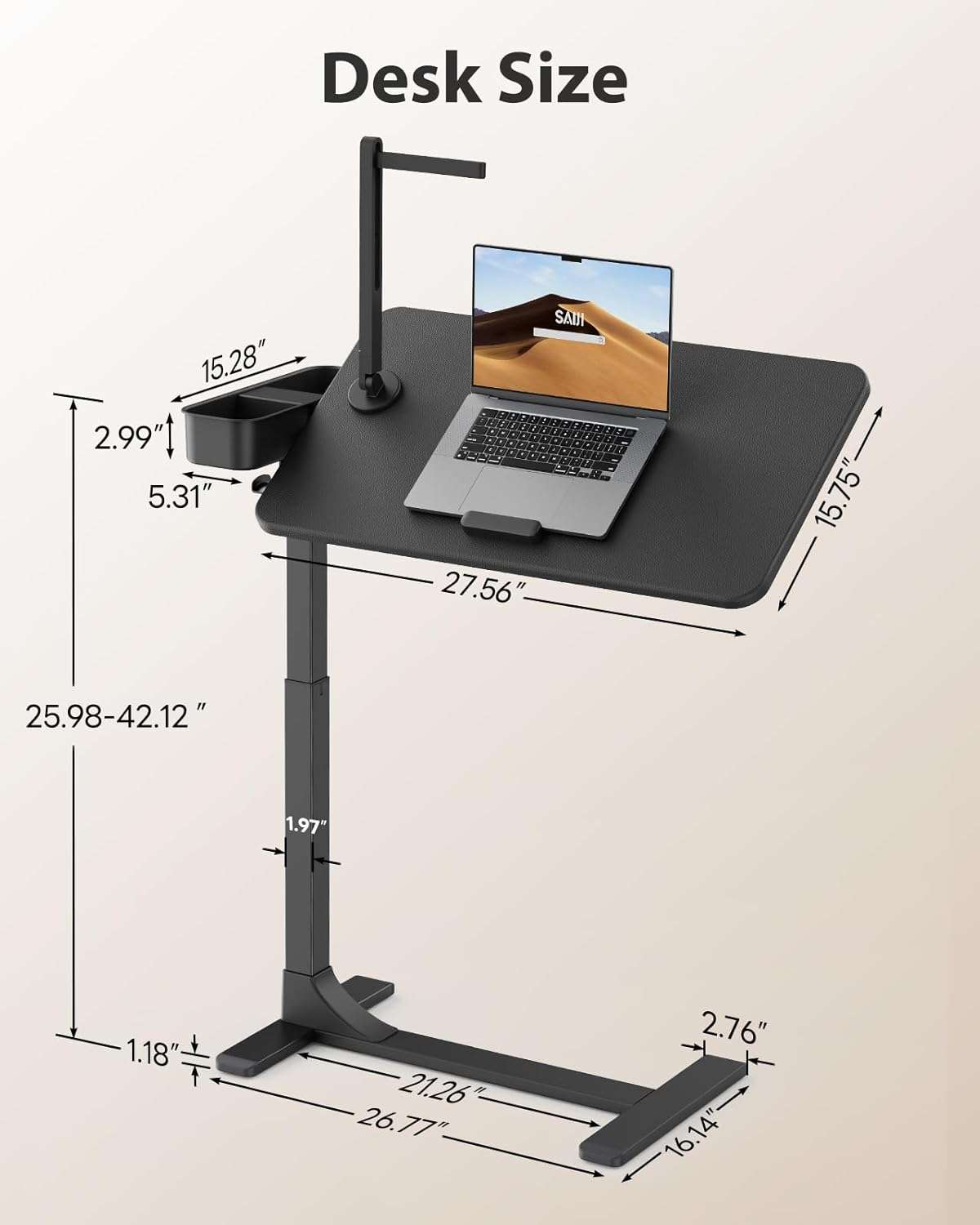 mesa movil saiji sobre cama con superficie magnetica luz led ruedas ocultas y altura ajustable hasta 106.93 centimetros ideal para chile