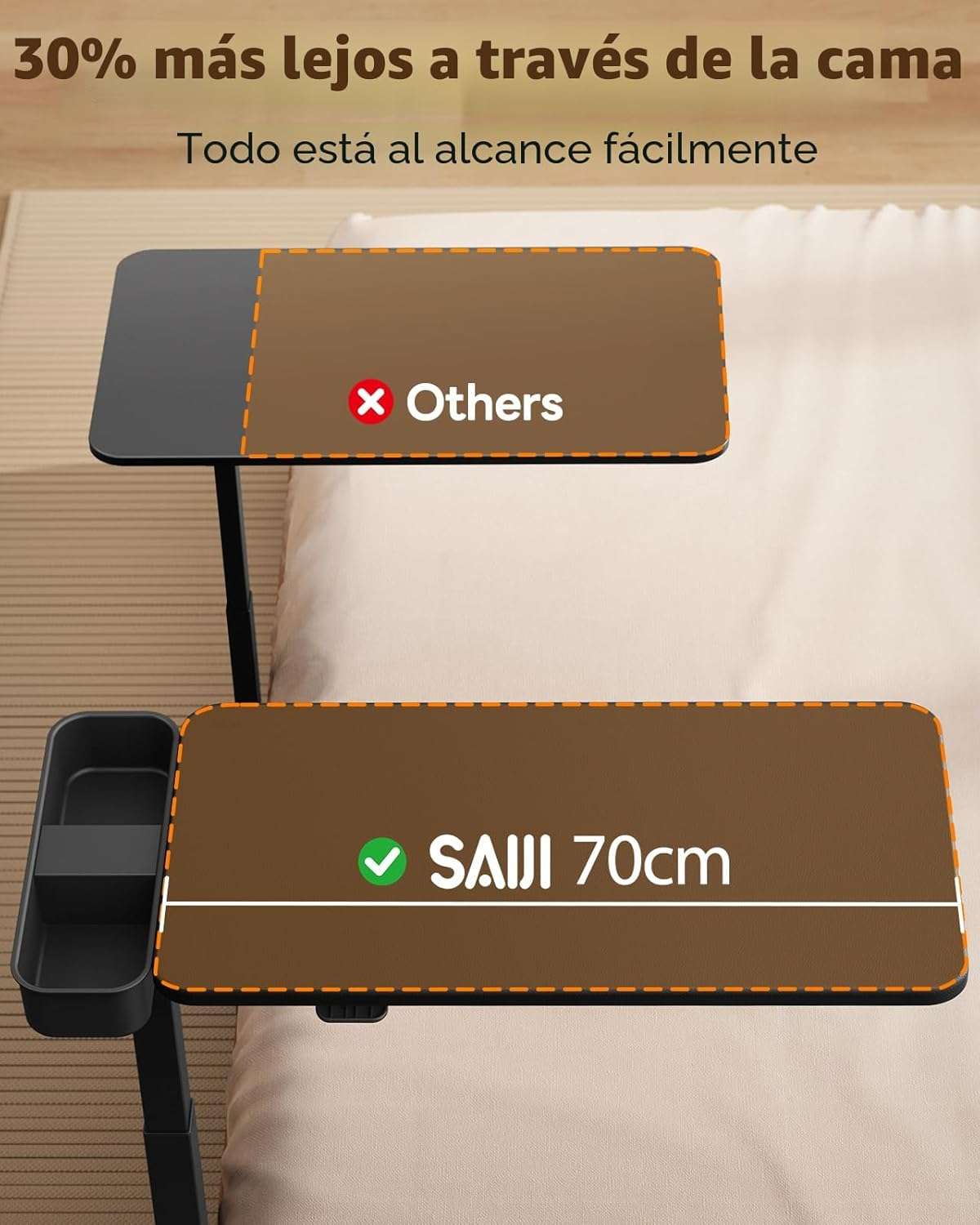 mesa movil saiji sobre cama con superficie magnetica luz led ruedas ocultas y altura ajustable hasta 106.93 centimetros ideal para chile