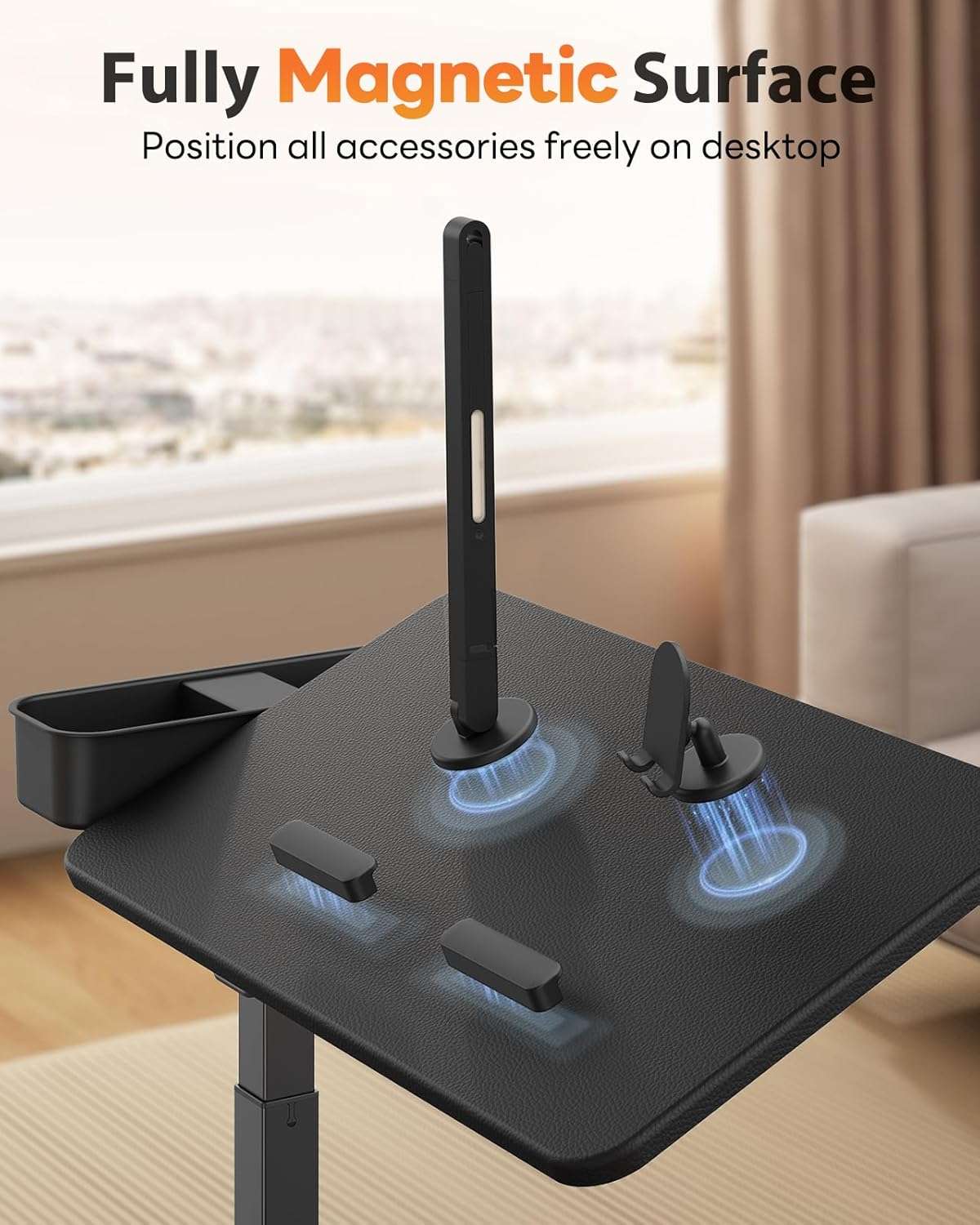 mesa movil saiji sobre cama con superficie magnetica luz led ruedas ocultas y altura ajustable hasta 106.93 centimetros ideal para chile