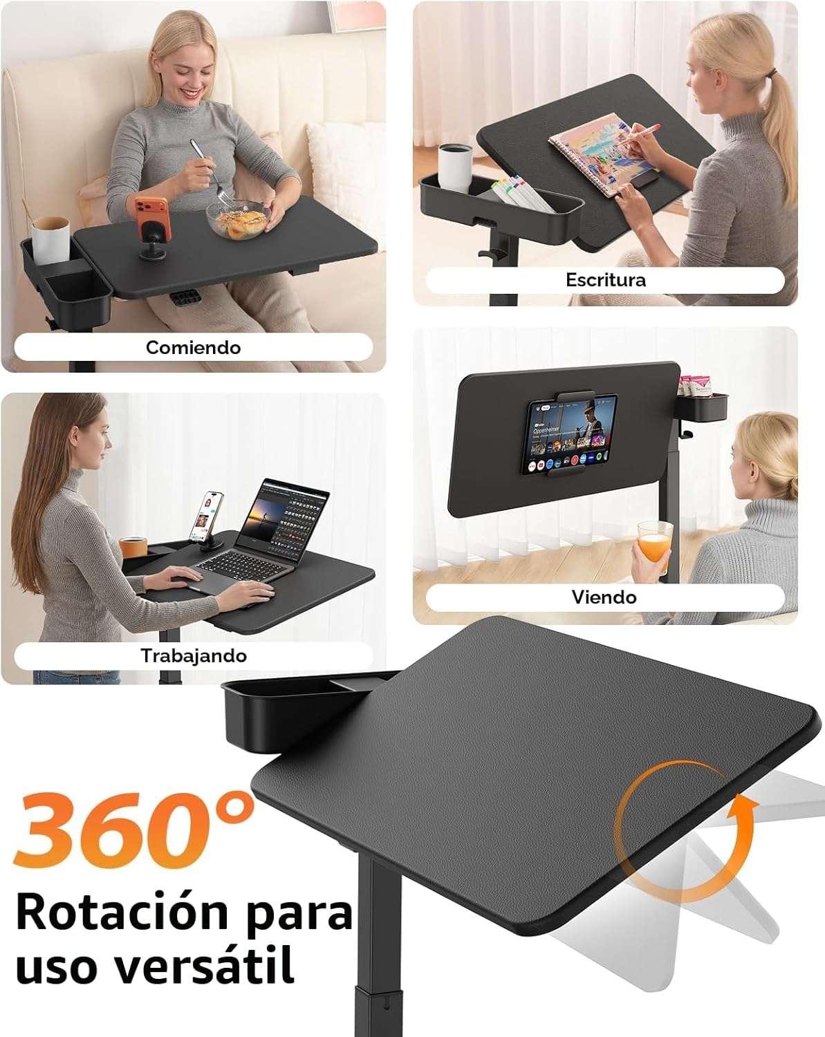 mesa movil saiji sobre cama con superficie magnetica luz led ruedas ocultas y altura ajustable hasta 106.93 centimetros ideal para chile