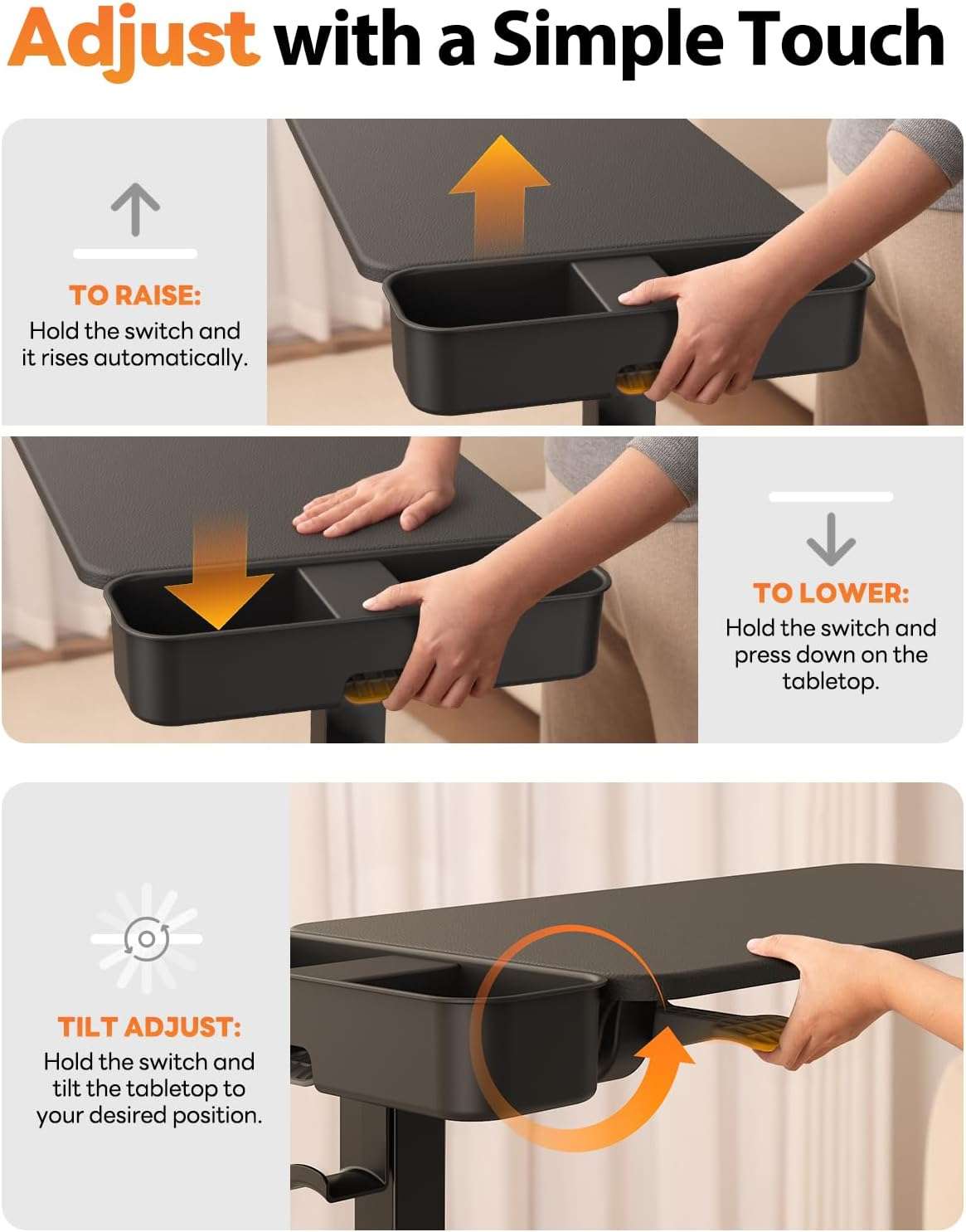 mesa movil saiji sobre cama con superficie magnetica luz led ruedas ocultas y altura ajustable hasta 106.93 centimetros ideal para chile