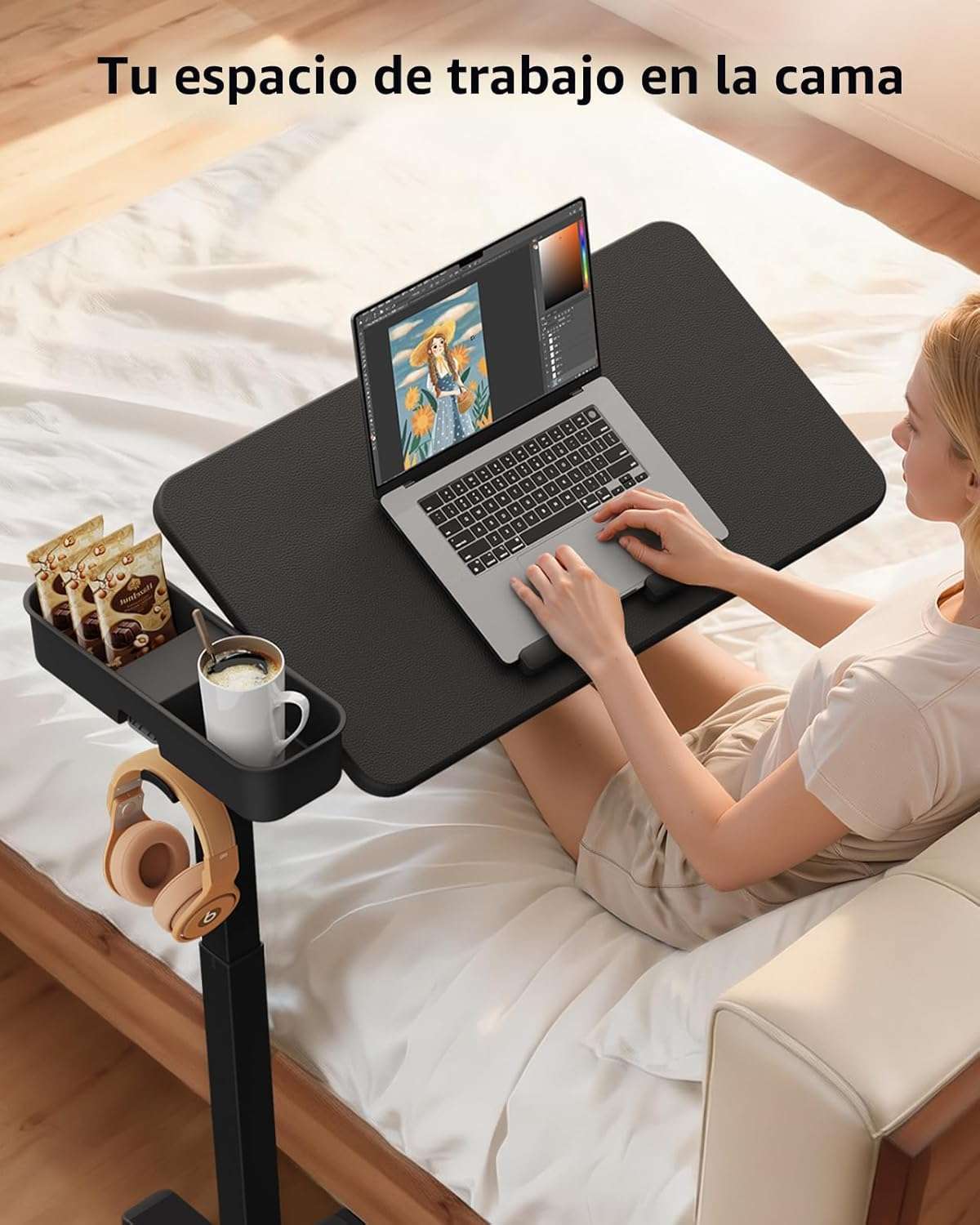 mesa movil saiji sobre cama con superficie magnetica luz led ruedas ocultas y altura ajustable hasta 106.93 centimetros ideal para chile