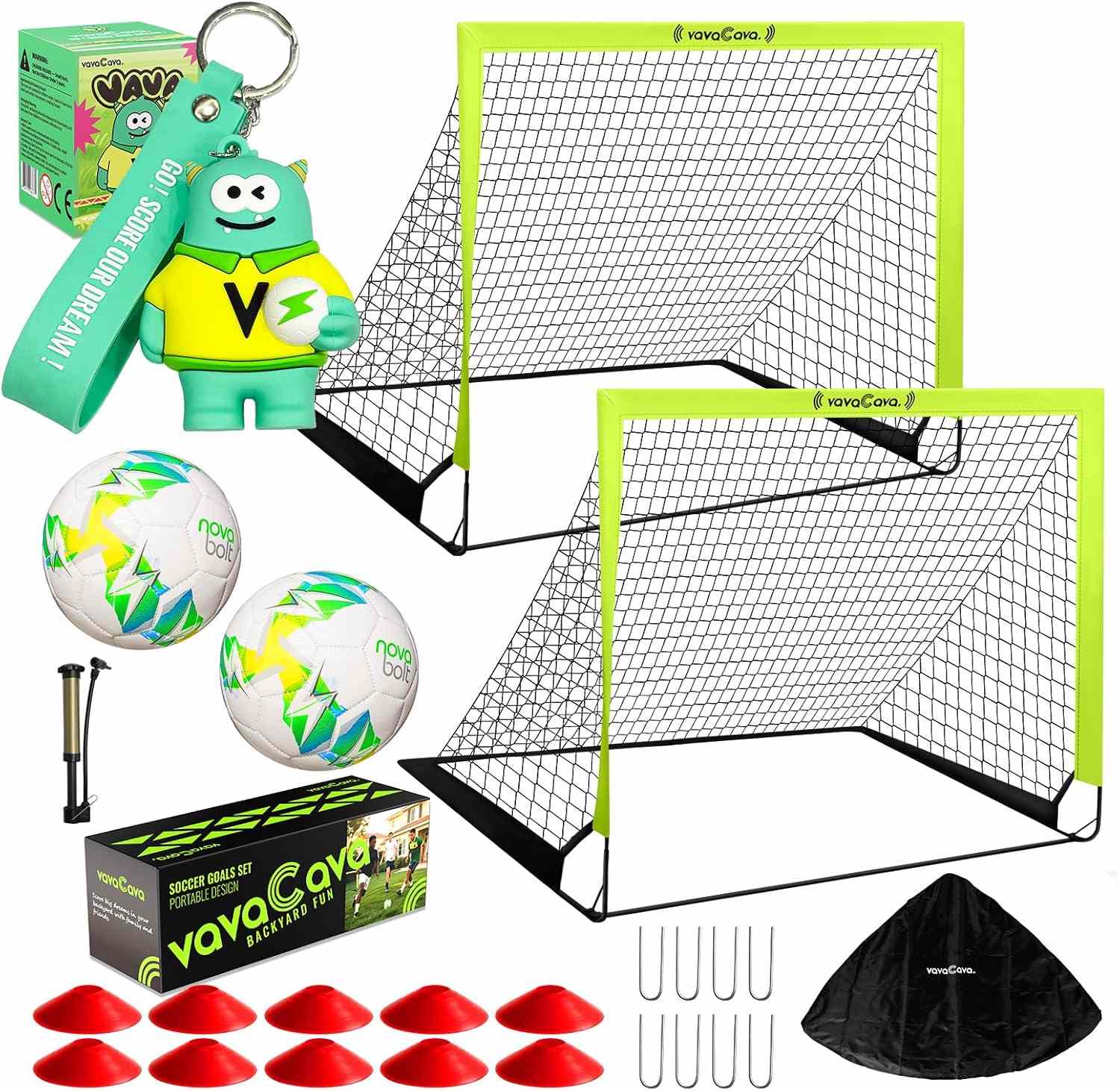 set de dos arcos de futbol portatiles vavacava de 122 por 91 centimetros con pelotas tamaño tres conos marcadores e inflador ideal para chile