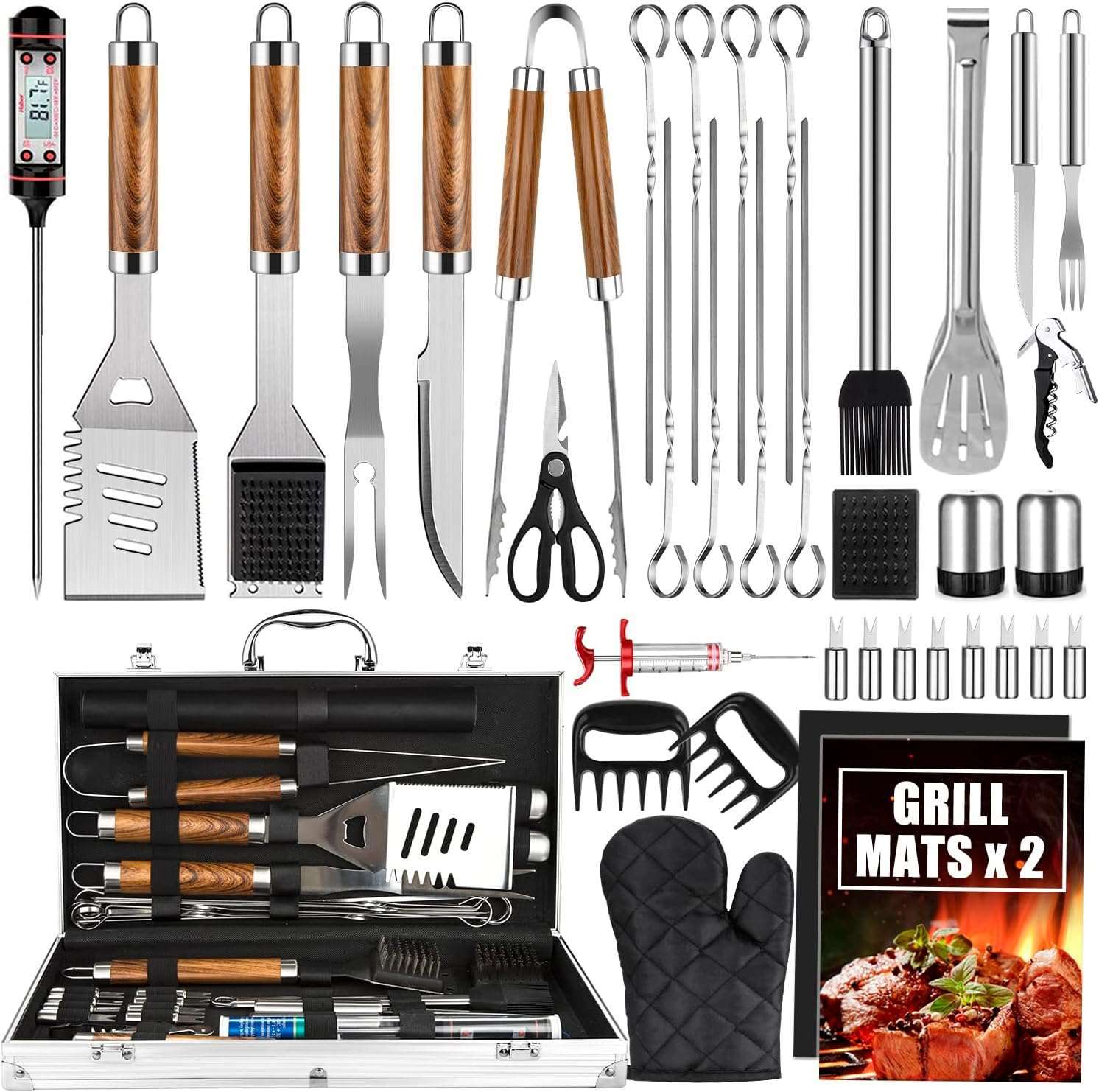 set de 38 accesorios de acero inoxidable para asado con termometro maletin de aluminio y mangos de 40.64 centimetros ideal para chile