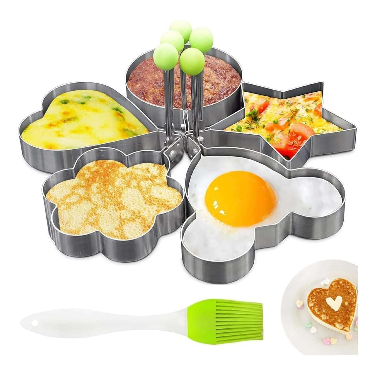 set de 5 moldes de acero inoxidable para huevos y panqueques con figuras y molde redondo de 8 centimetros ideal para chile