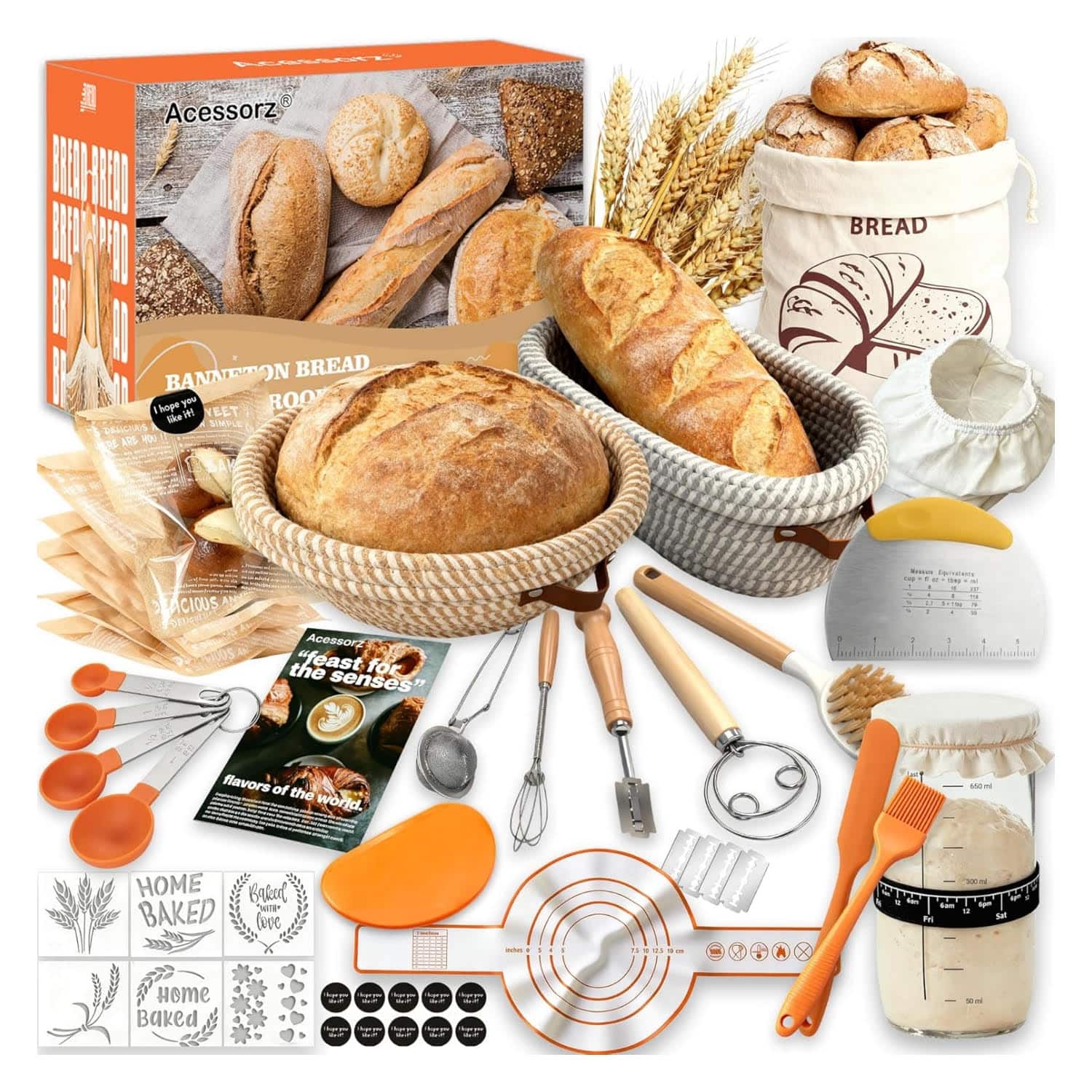 kit completo para hacer pan de masa madre con cestas de fermentacion de 25.4 centimetros y 26.67 centimetros ideal para chile