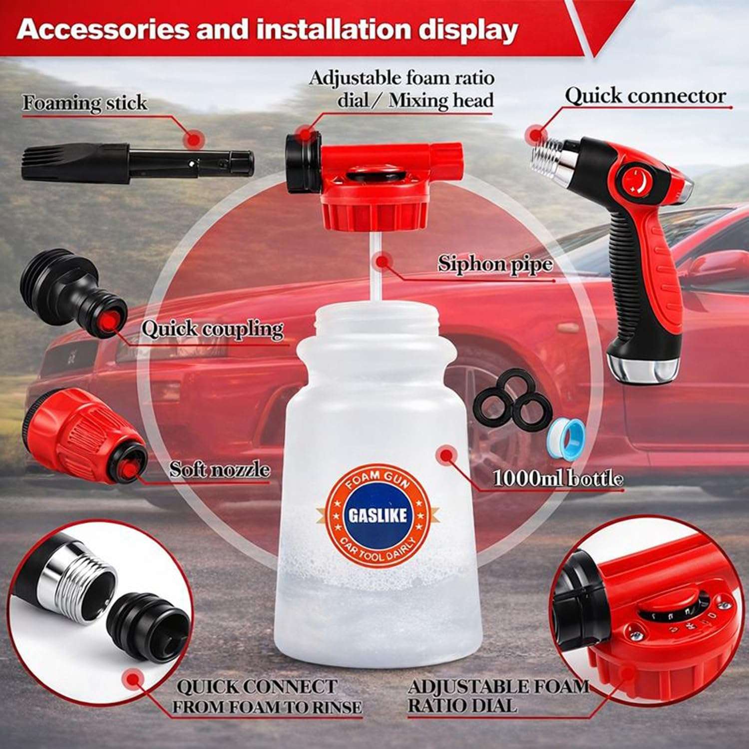 kit de lavado automotriz de 56 piezas con pistola de espuma y conexion para mangueras de 1.90 centimetros ideal para chile