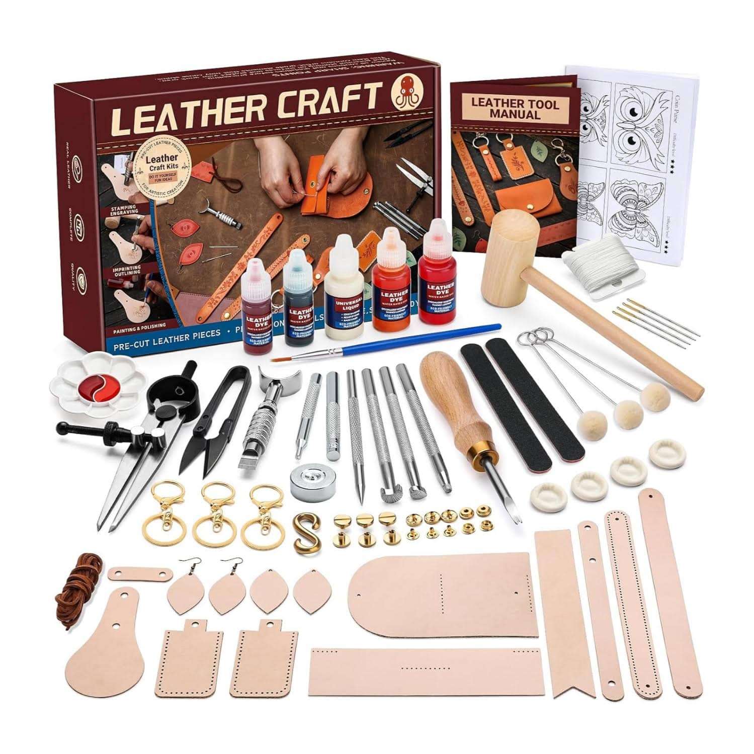 kit completo de herramientas para talabarteria y artesania en cuero con tintes y 15 piezas precortadas ideal para chile