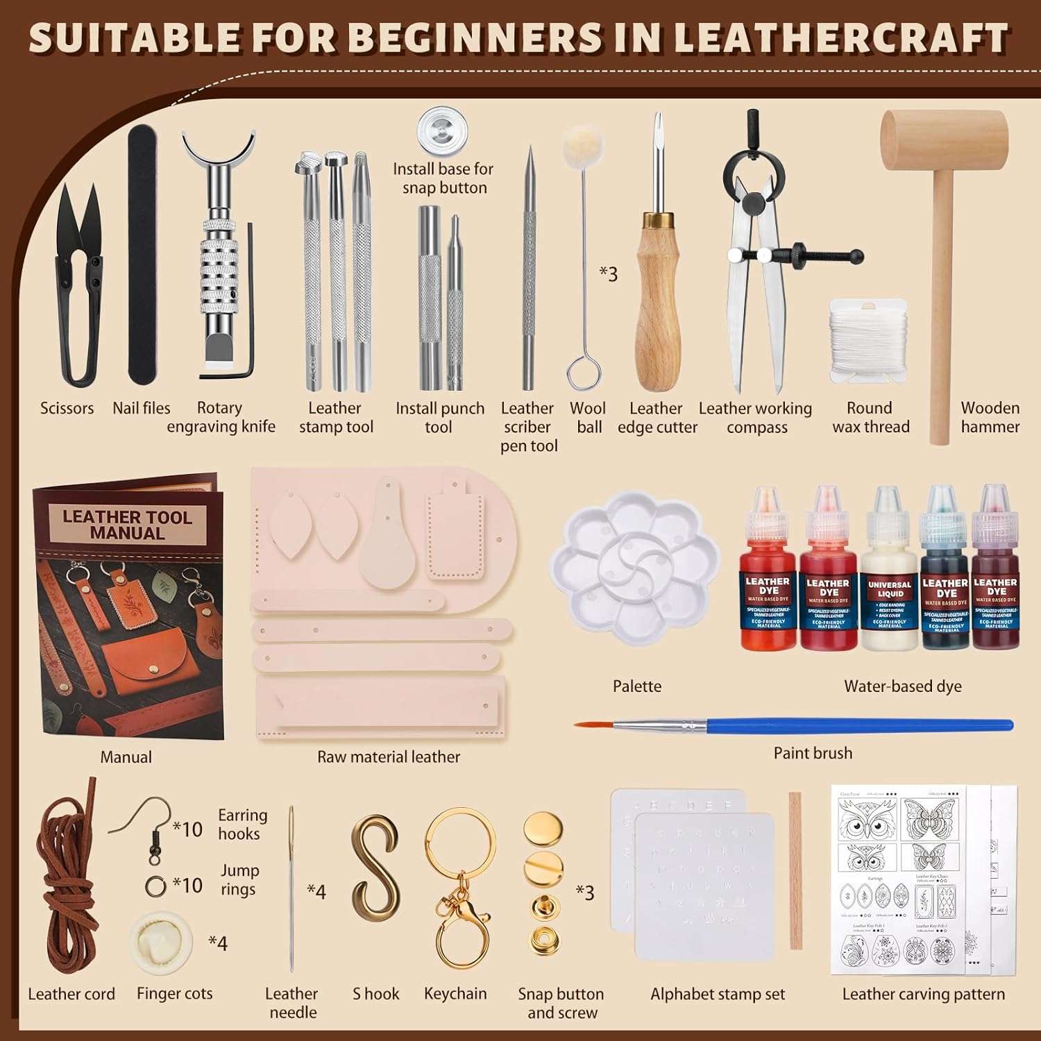 kit completo de herramientas para talabarteria y artesania en cuero con tintes y 15 piezas precortadas ideal para chile