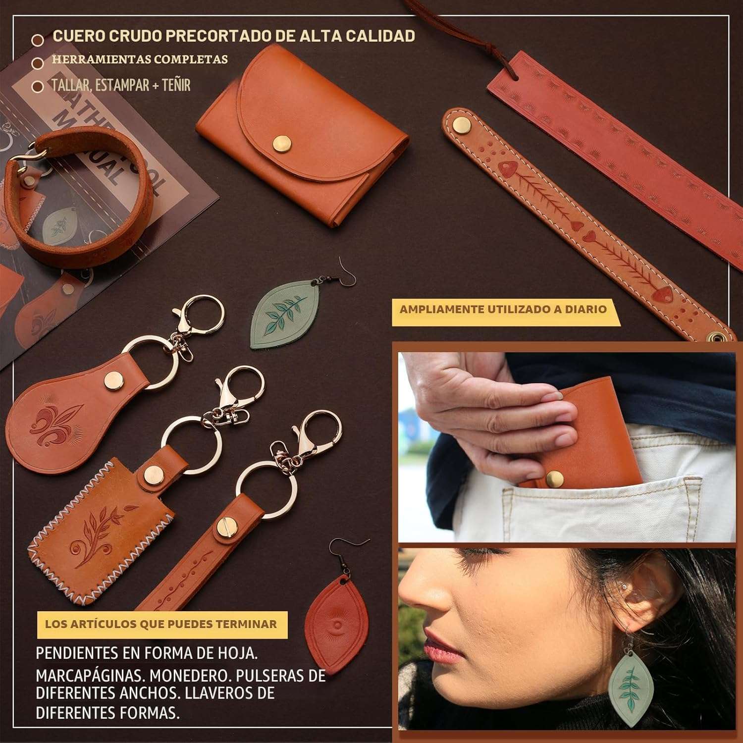 kit completo de herramientas para talabarteria y artesania en cuero con tintes y 15 piezas precortadas ideal para chile