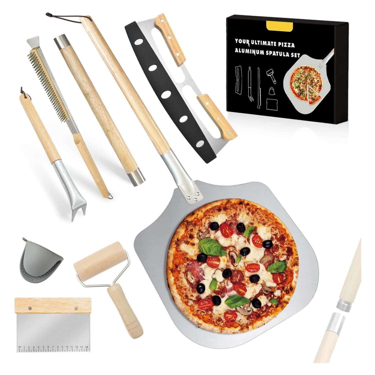 set de 7 accesorios para horno de pizza con pala de acero inoxidable y uslero ideal para chile