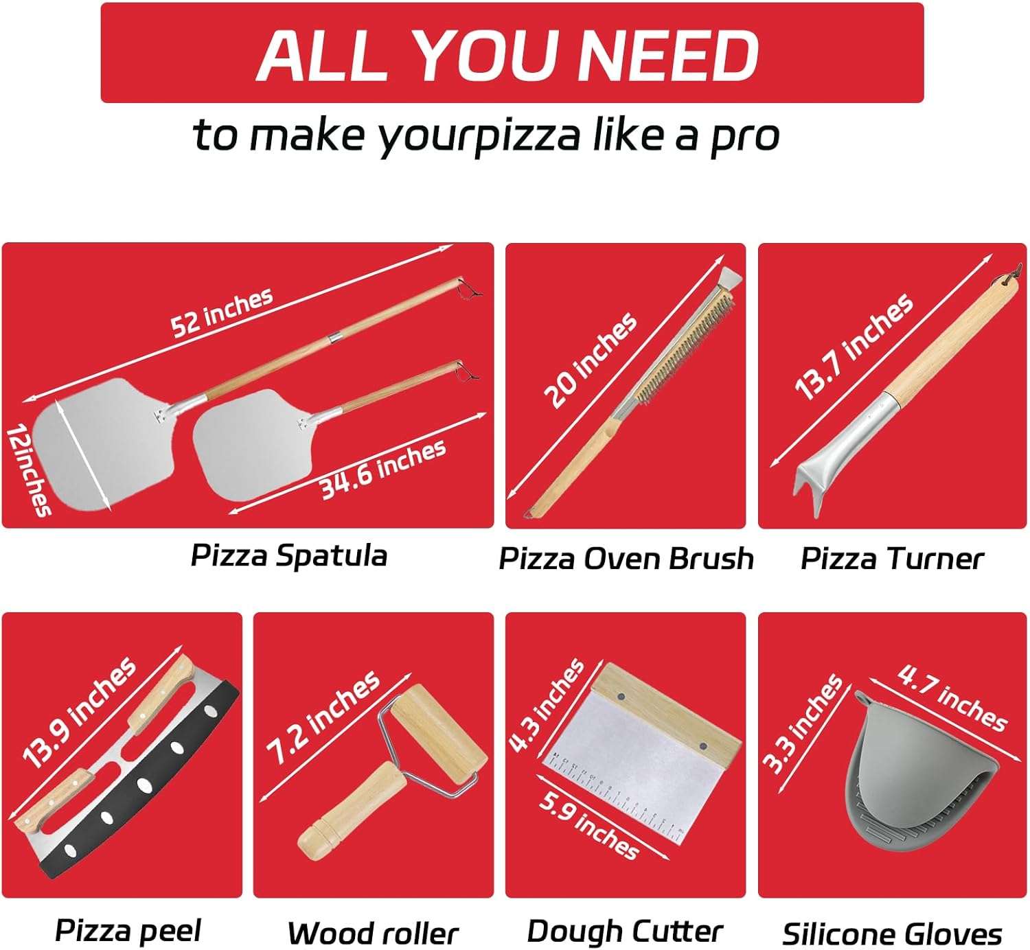 set de 7 accesorios para horno de pizza con pala de acero inoxidable y uslero ideal para chile
