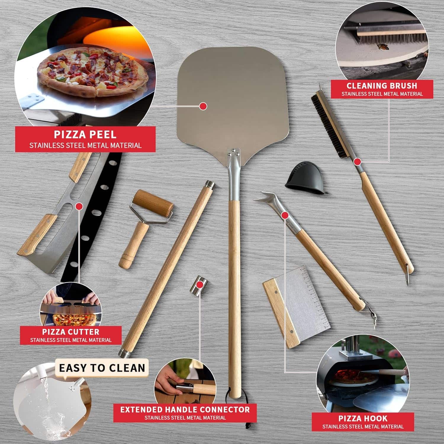 set de 7 accesorios para horno de pizza con pala de acero inoxidable y uslero ideal para chile