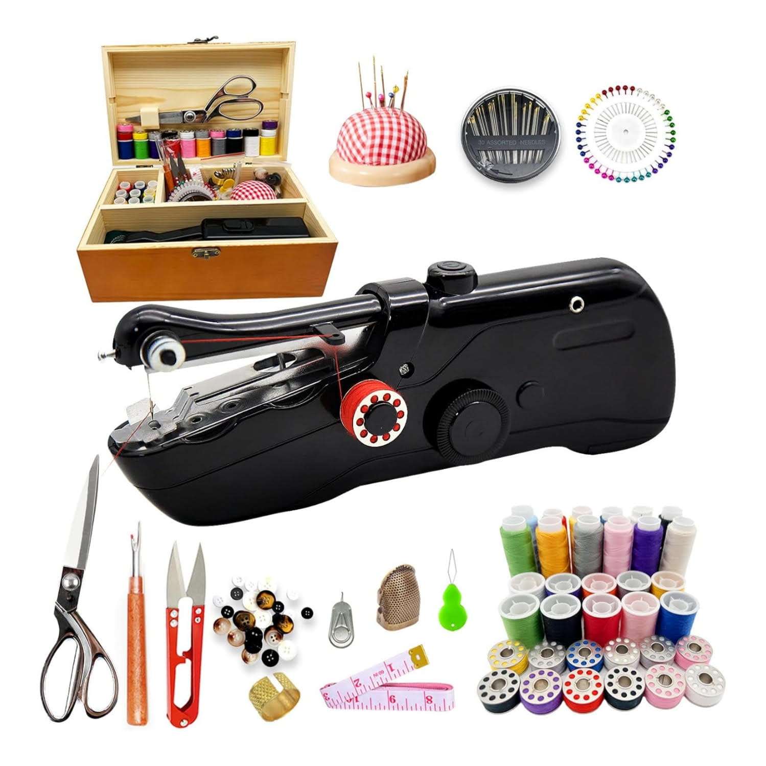 kit de costura de 142 piezas con maquina de coser portatil y caja de madera para telas de hasta 0.19 centimetros ideal para chile