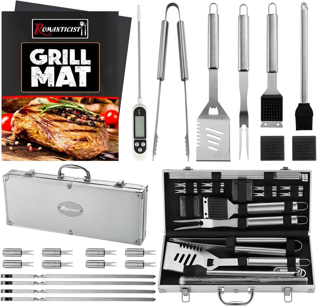 set de 23 accesorios de acero inoxidable para asado con termometro maletin de aluminio y esteras ideal para chile