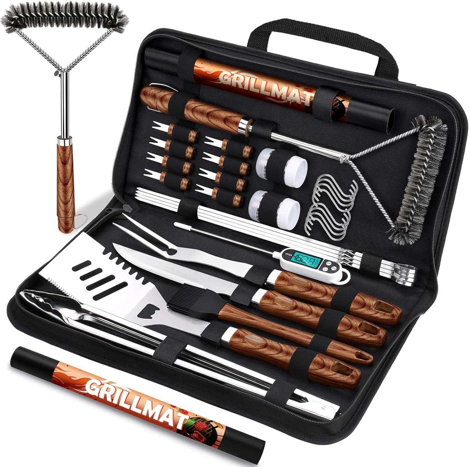 set de 31 accesorios de acero inoxidable para asado con termometro pinzas y bolso de transporte ideal para chile