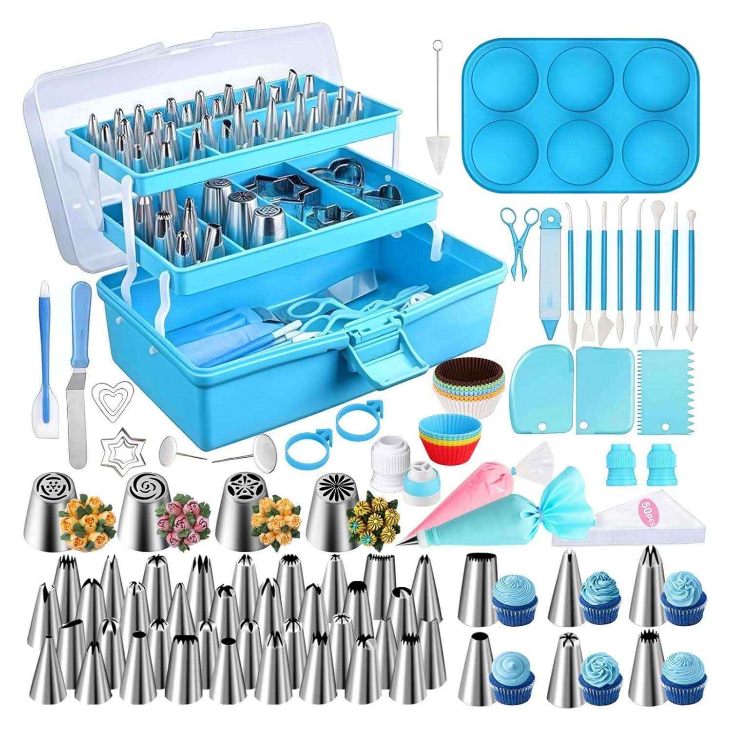 kit de reposteria suuker de 236 piezas con caja de almacenamiento azul y 36 boquillas numeradas ideal para chile