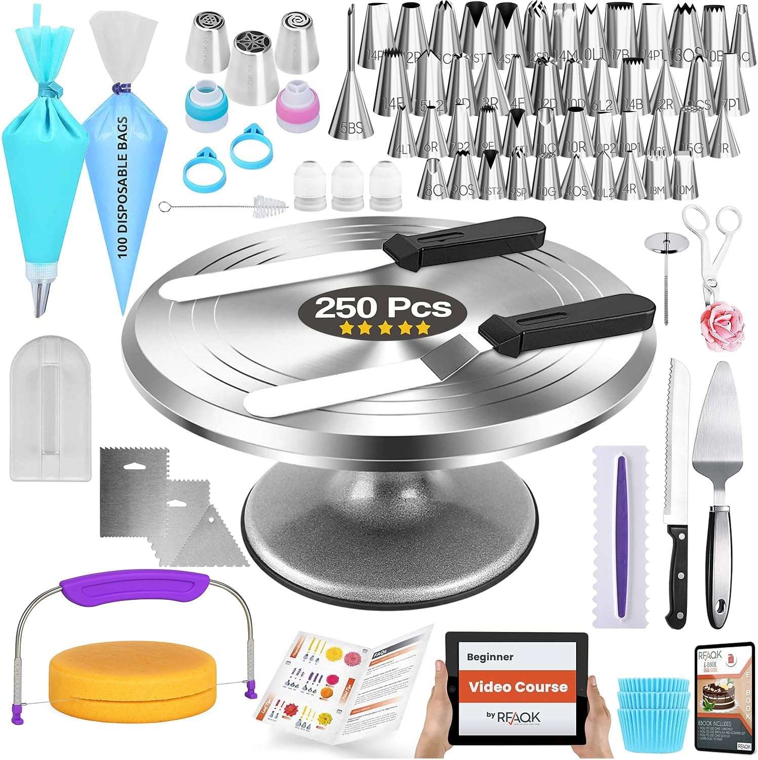 kit de reposteria de 250 piezas con plato giratorio de aluminio de 30.48 centimetros set de servicio y boquillas ideal para chile