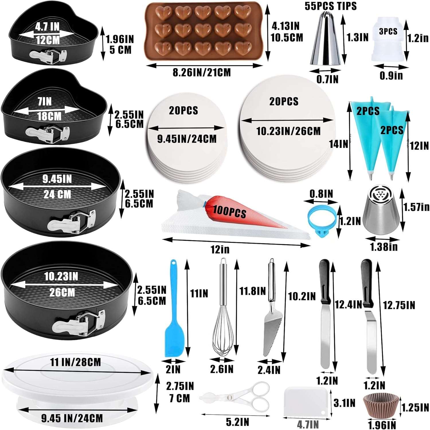 kit de reposteria de 540 piezas con moldes de 10.16 centimetros 17.78 centimetros 22.86 centimetros y 25.4 centimetros ideal para chile