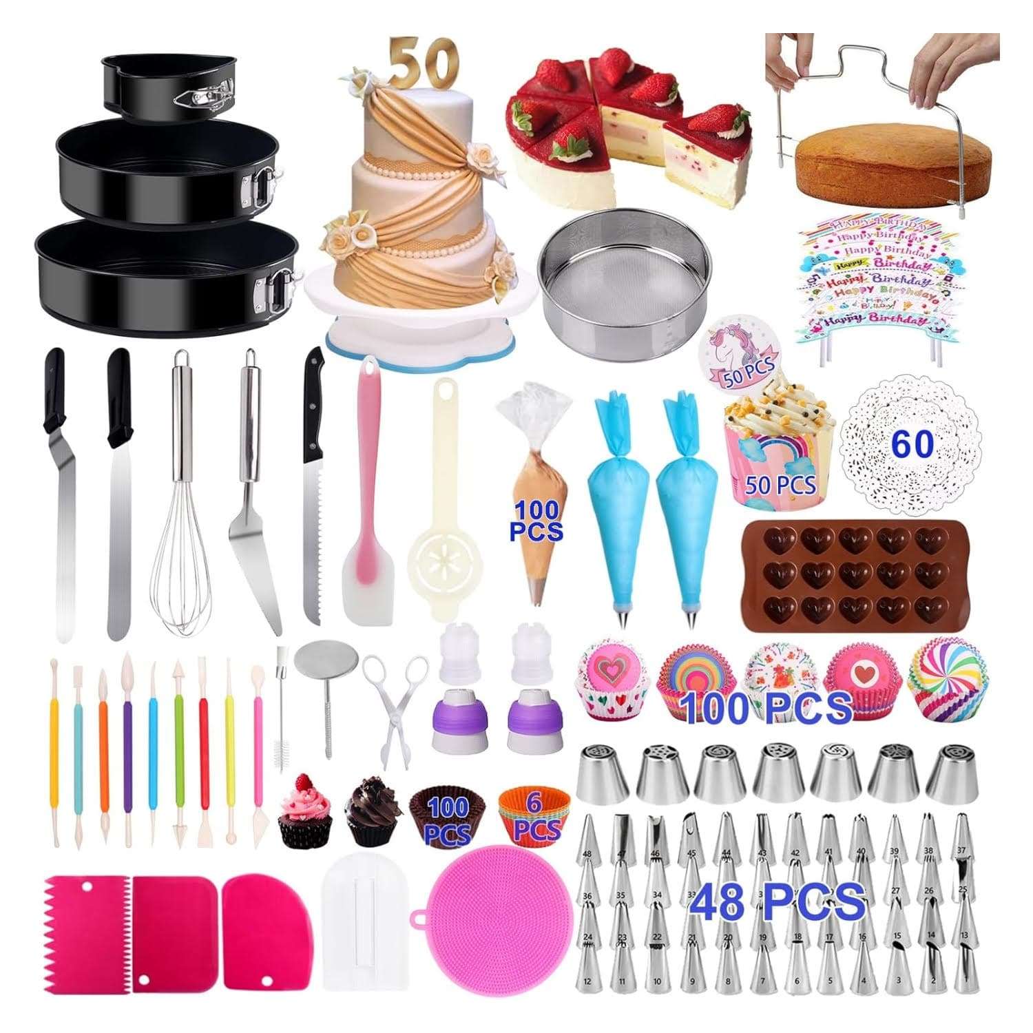 kit de reposteria kosbon de 567 piezas con moldes de 10.16 centimetros 17.78 centimetros y 22.86 centimetros y base giratoria ideal para chile