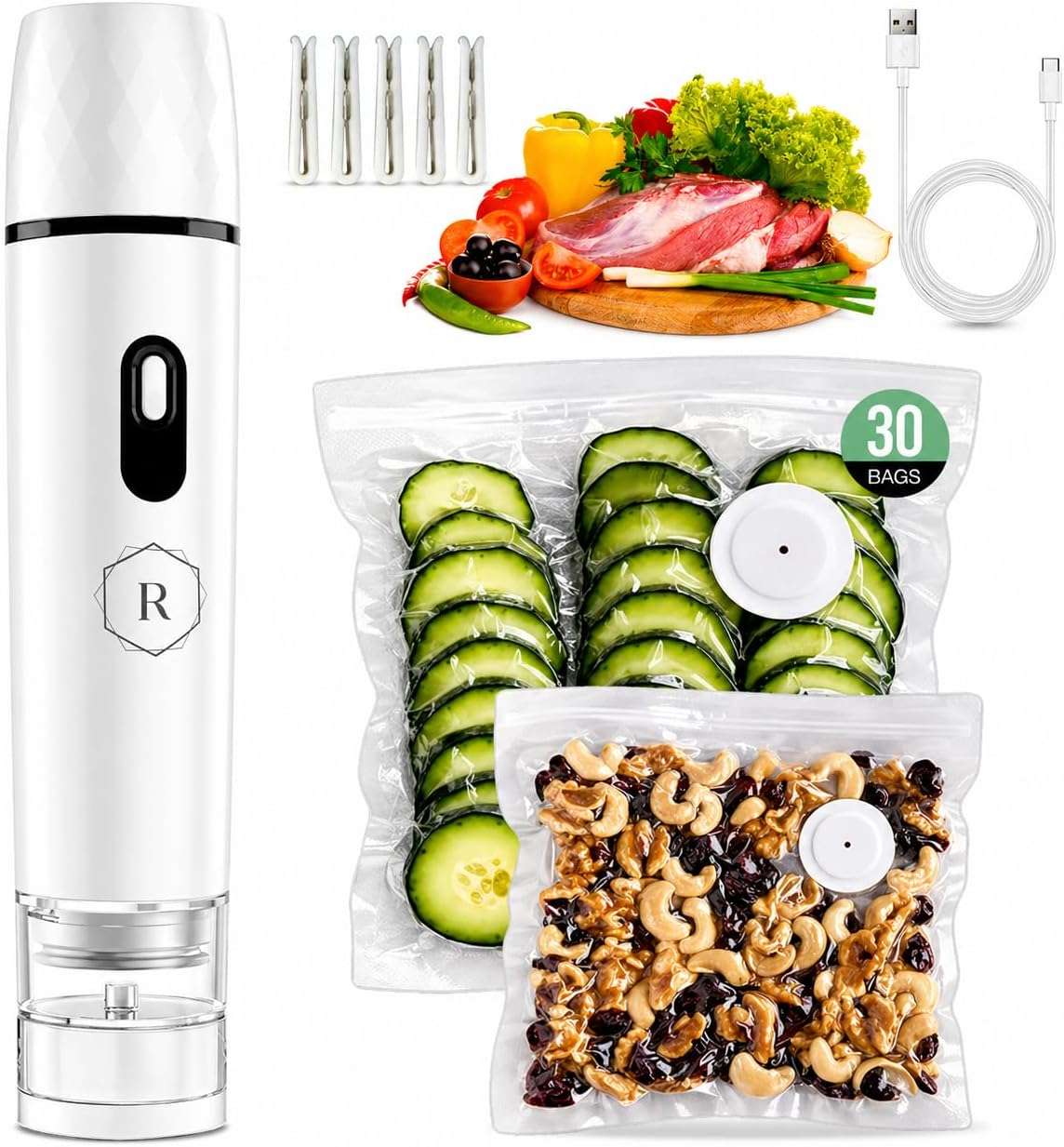 sellador al vacio de mano inalambrico recargable con deposito de humedad 30 bolsas reutilizables de 26.67 por 27.94 centimetros y 29.97 por 34.04 centimetros ideal para chile