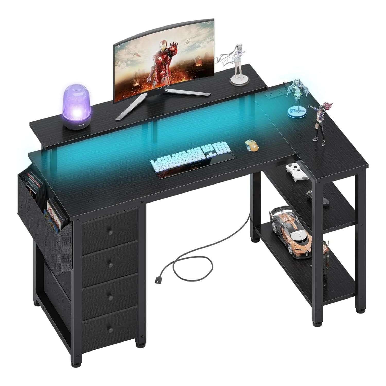 escritorio en l lufeiya negro de 119.38 centimetros con luces led enchufes cajones y soporte para monitor ideal para chile