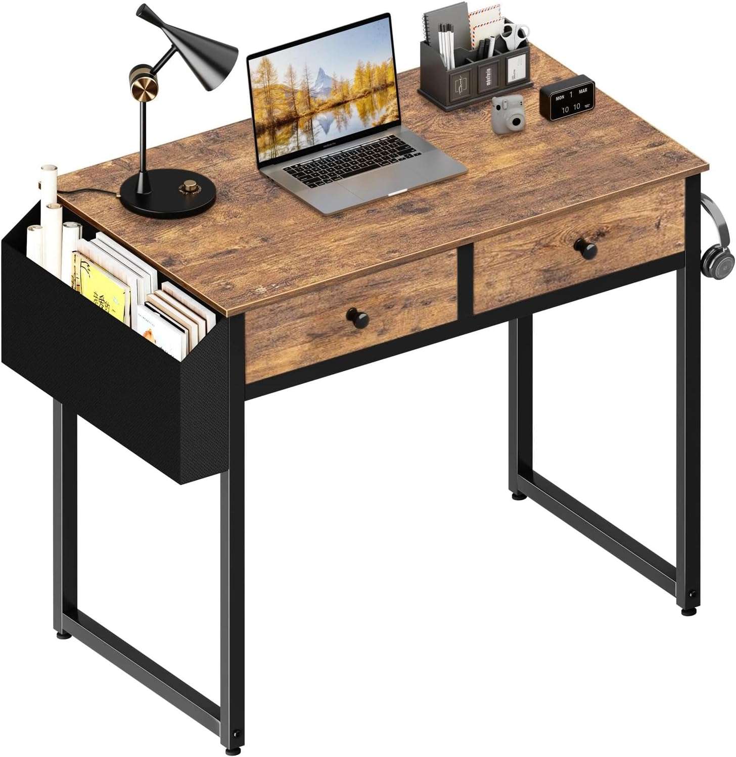 escritorio lufeiya marron rustico de 100 centimetros con tres cajones de tela y bolsillo lateral ideal para chile