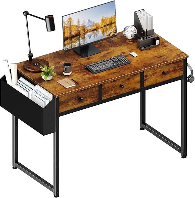 escritorio lufeiya marron rustico de 100 centimetros con tres cajones de tela y bolsillo lateral ideal para chile