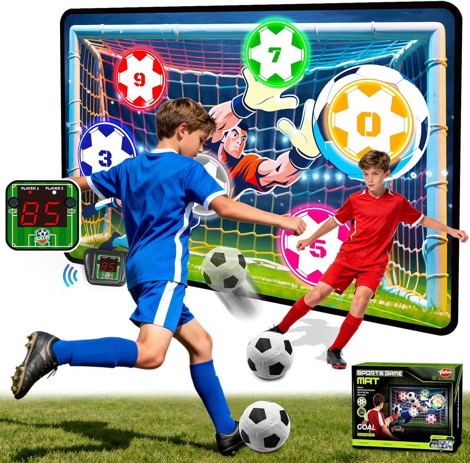 juego de futbol electronico vatos con objetivo de tela de 110 por 75 centimetros sistema de puntuacion y dos pelotas de 15 centimetros ideal para chile