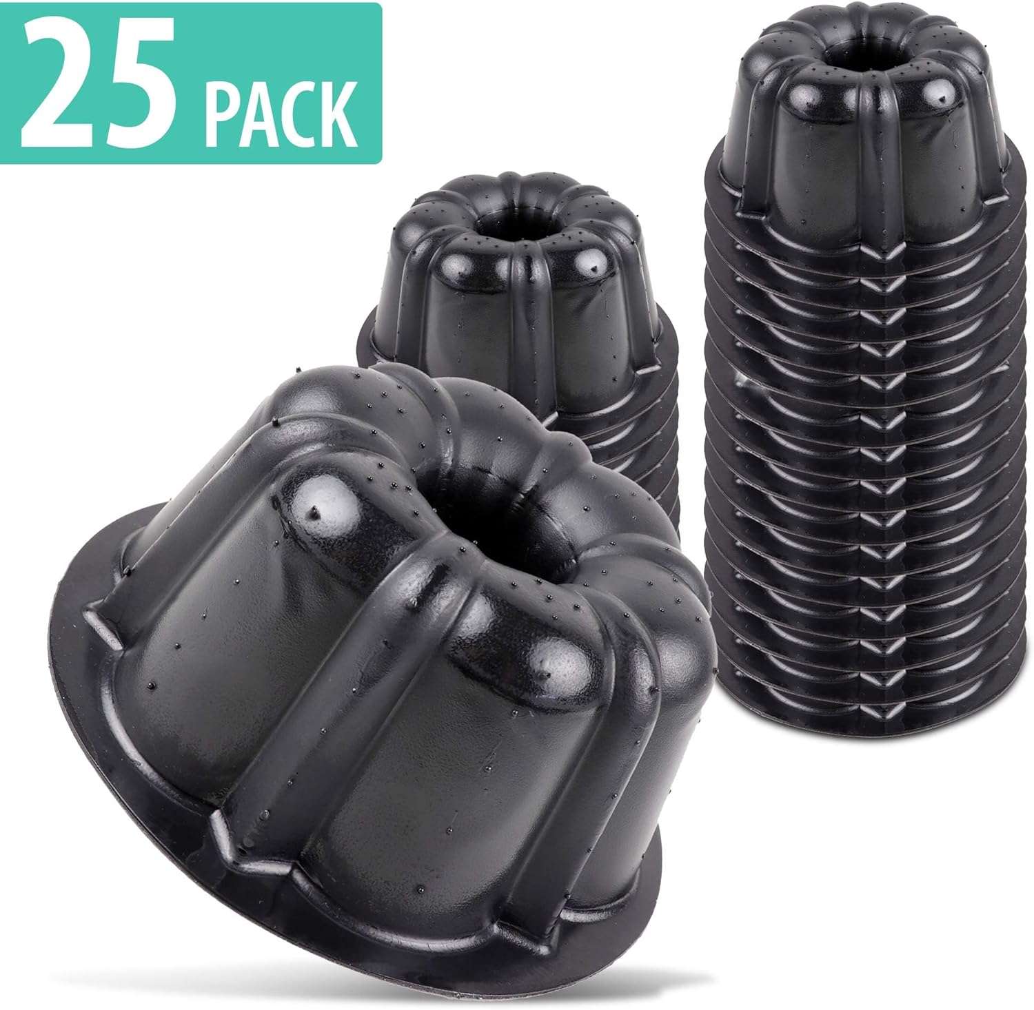 paquete de 25 mini moldes de plastico horneable para flan marca ocreme con silicona antiadherente ideal para chile