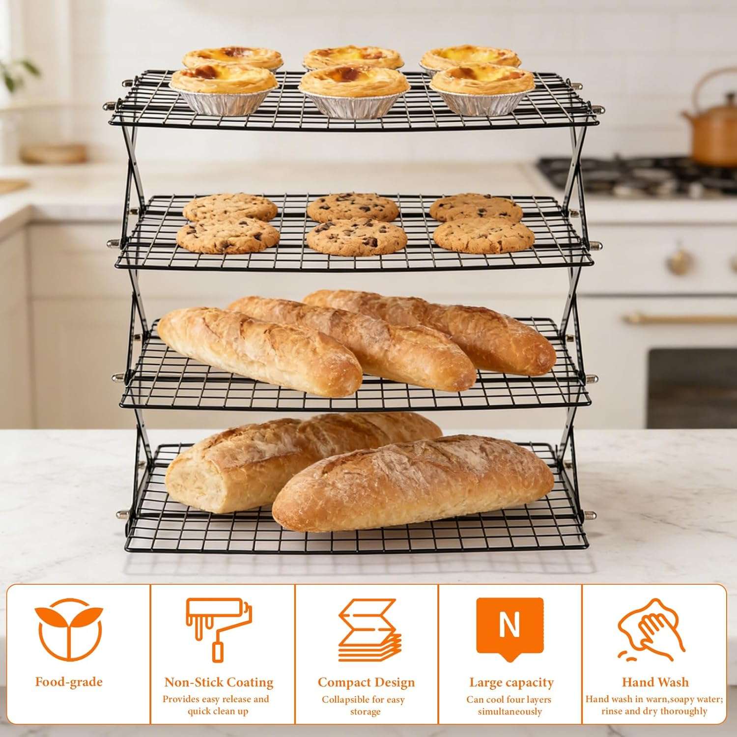 rejilla de enfriamiento de acero inoxidable de 4 niveles apilable y plegable ideal para reposteria en chile