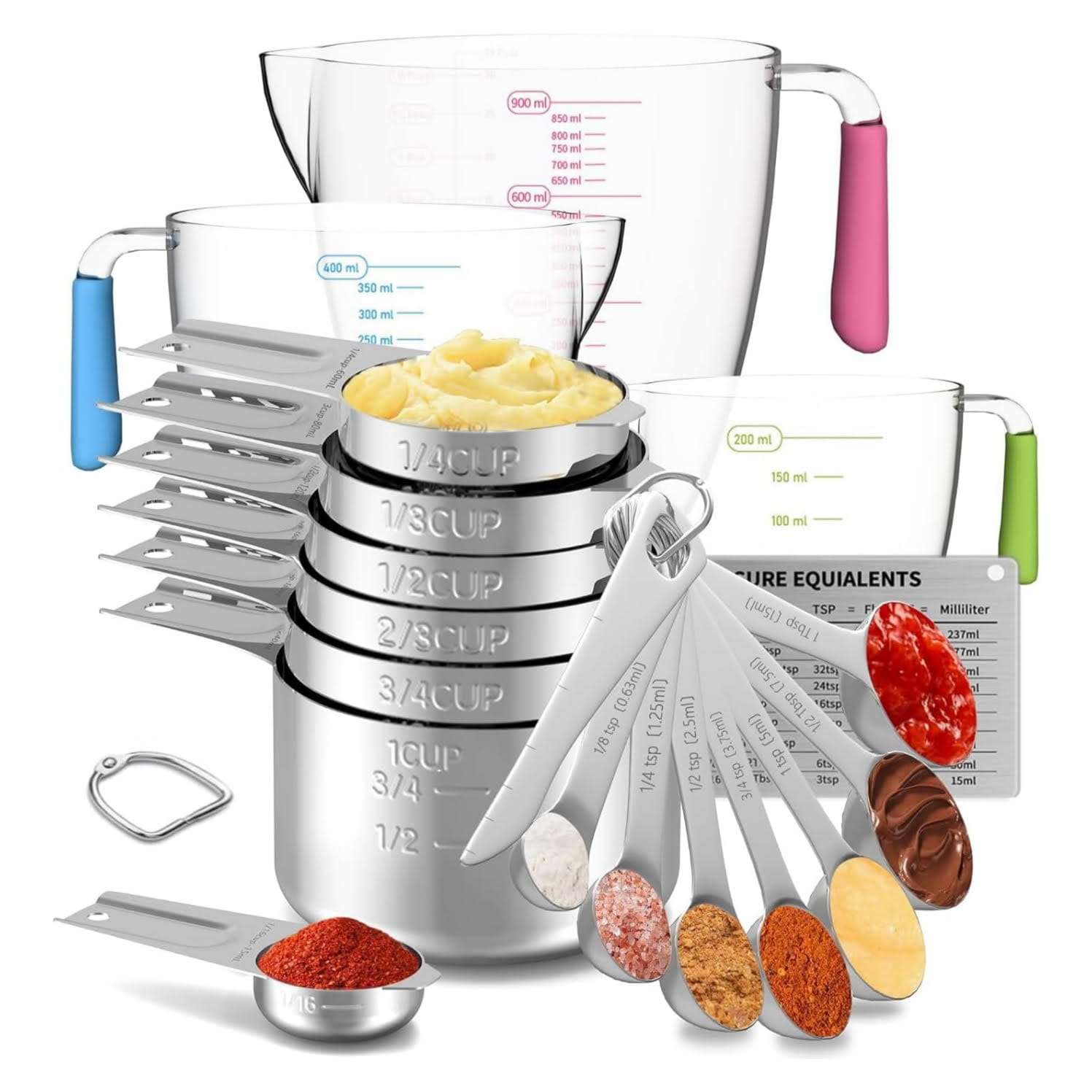 kit de 20 tazas y cucharas medidoras de acero inoxidable y plastico libre de toxinas ideal para reposteria en chile