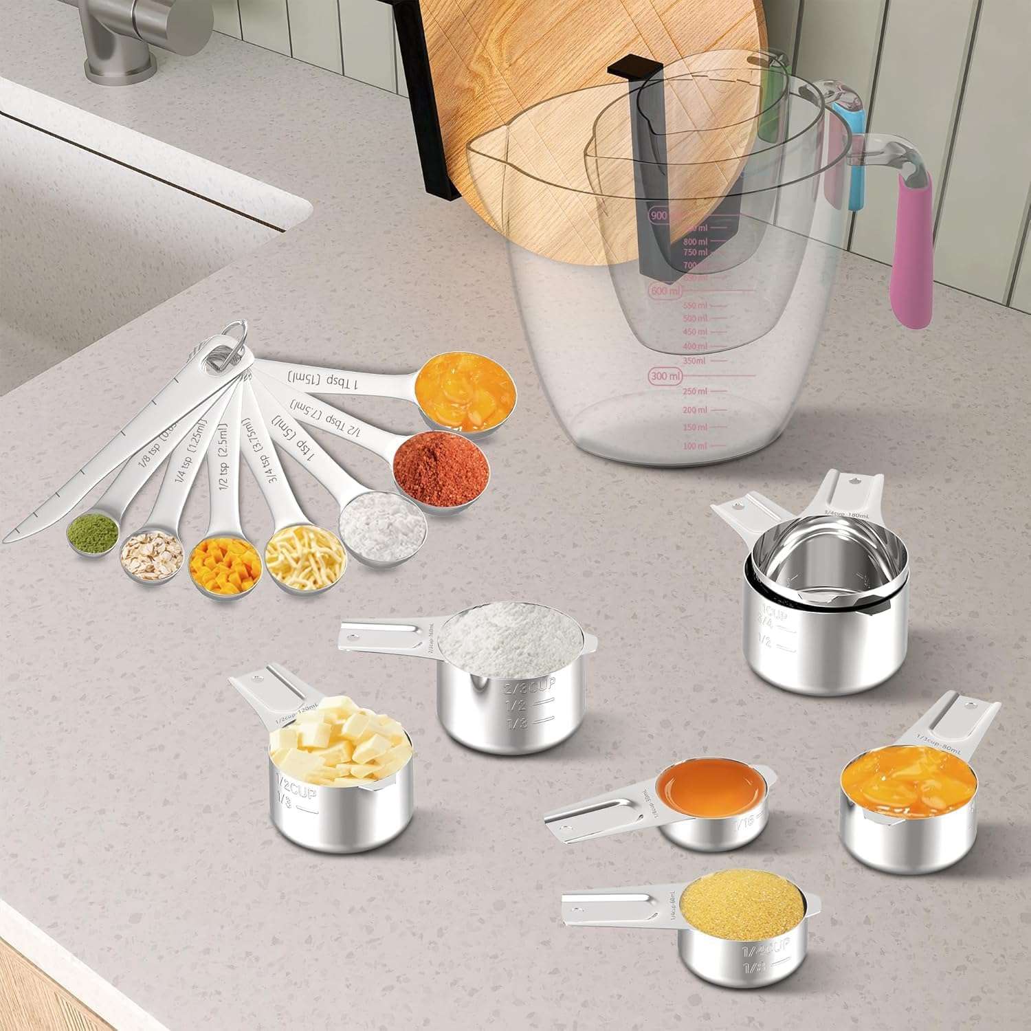 kit de 20 tazas y cucharas medidoras de acero inoxidable y plastico libre de toxinas ideal para reposteria en chile