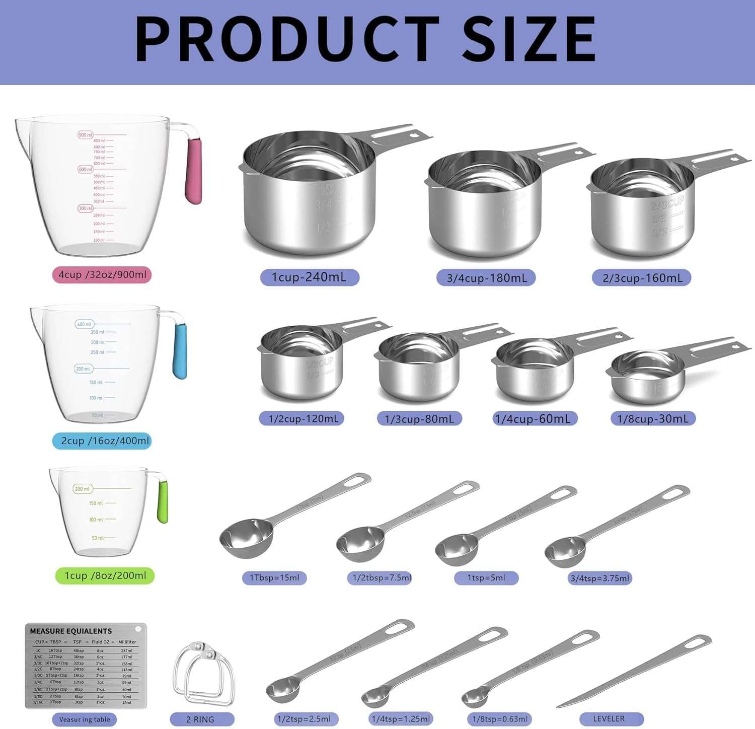 kit de 20 tazas y cucharas medidoras de acero inoxidable y plastico libre de toxinas ideal para reposteria en chile