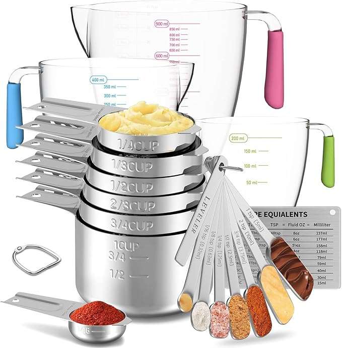 kit de 20 tazas y cucharas medidoras de acero inoxidable y plastico libre de toxinas ideal para reposteria en chile