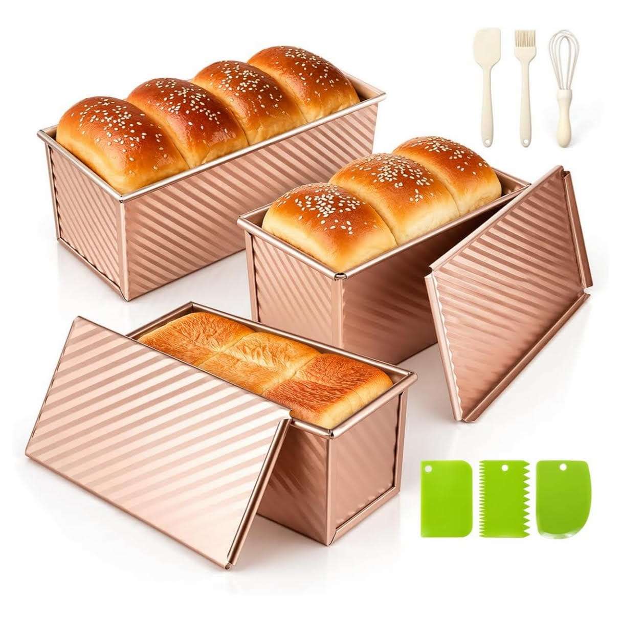 set de 3 moldes dorados para pan de molde con tapa de 1 kilo y 450 gramos de acero al carbono ideal para chile