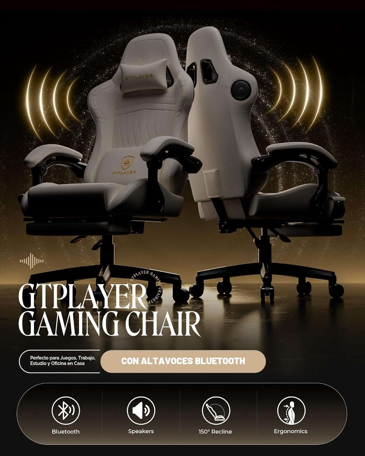 silla gamer gtplayer ace pro blanca con parlantes bluetooth reposapies retractil y reclinacion de 150 grados ideal para chile