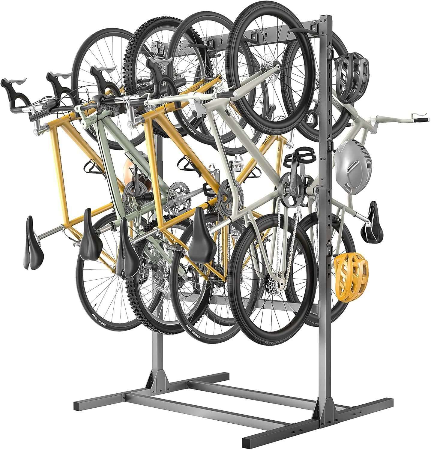 soporte portabicicletas vertical independiente de acero con ganchos recubiertos de goma para seis bicicletas y seis cascos ideal para chile