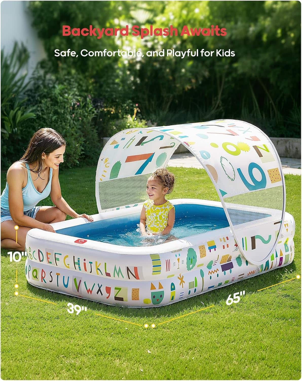 piscina inflable azul para bebés de 165 cm con toldo parasol y piso acolchado