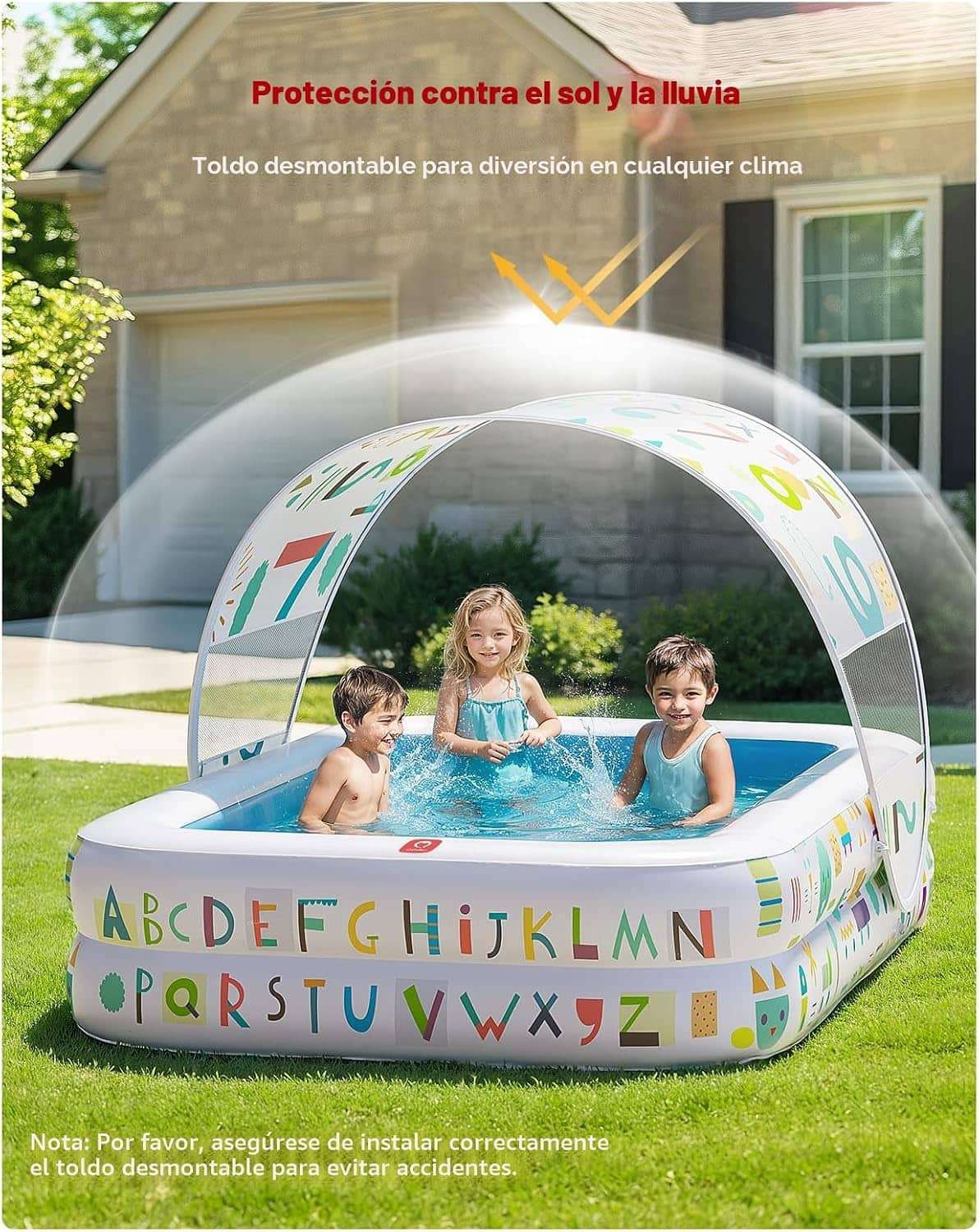 piscina inflable azul para bebés de 165 cm con toldo parasol y piso acolchado